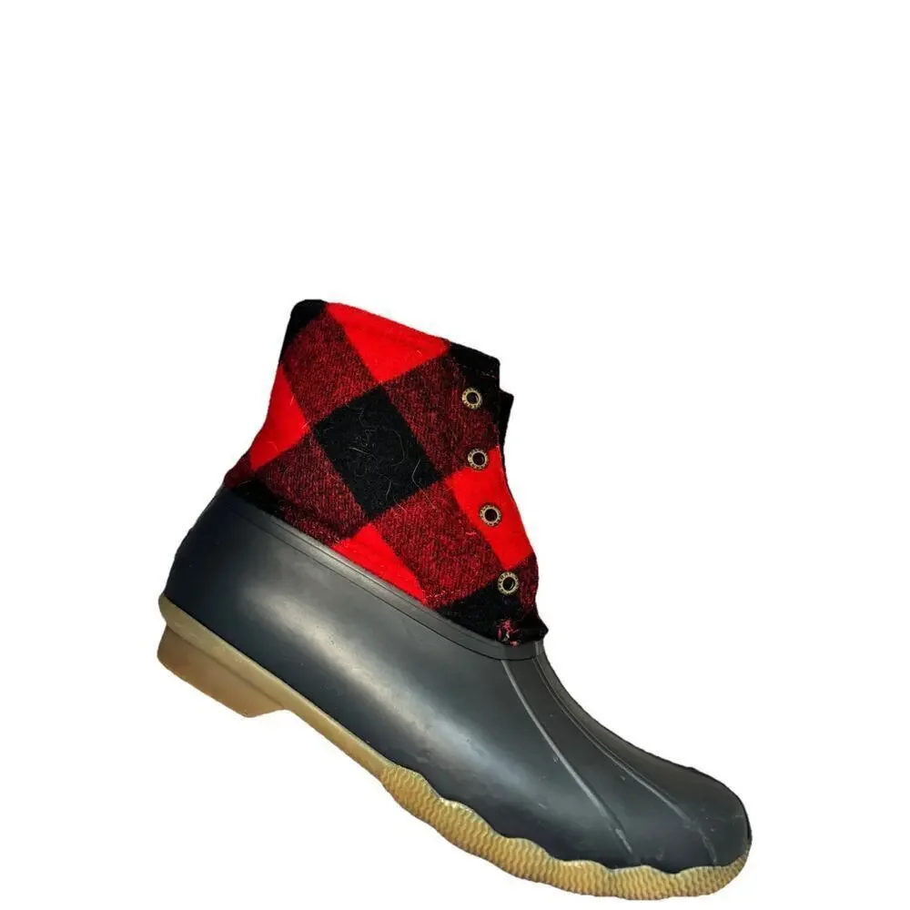 Sperry Womens 8 Saltwater Red Buffalo Plaid Zip Up Duck Boots Winter Rain